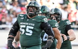 Michigan State’s Ben Roberts celebrates a tackle for a loss against Nebraska during the first quarter on Saturday, Sept. 26, 2026, in East Lansing. - Nick King, USA TODAY Sports