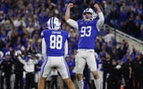 Oct 10, 2026; Lexington, Kentucky, USA; Kentucky Wildcats punter Wilson Berry (93) reacts after place kicker Adam Zouagui (88) ties the game against the LSU Tigers at Kroger Field. Mandatory Credit: Jordan Prather-Imagn Images