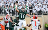 Michigan State’s Alessio Milivojevic throws a pass against Illinois during the fourth quarter on Saturday, Oct. 10, 2026, at Spartan Stadium in East Lansing. (Nick King/Lansing State Journal / USA TODAY NETWORK via Imagn Images)