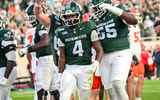 Michigan State’s Jaziun Patterson celebrates his touchdown against Illinois during the fourth quarter on Saturday, Oct. 10 (Nick King/Lansing State Journal / USA TODAY NETWORK via Imagn Images)