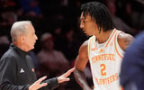 Tennessee basketball coach Rick Barnes talks with guard Juke Harris (2) during a college basketball exhibition game against Xavier on Oct. 15, 2026, in Knoxville, Tennessee.