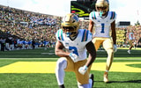 Oct 10, 2026; Eugene, Oregon, USA; UCLA Bruins running back Wayne Knight (3) and UCLA Bruins wide receiver Aidan Mizell (1) celebrate after a touchdown during the second quarter against the Oregon Ducks at Autzen Stadium. (Photo Credit: Troy Wayrynen-Imagn Images)