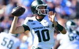 Oct 24, 2026; Pasadena, California, USA; Michigan State Spartans quarterback Kayd Coffman (10) throws against the UCLA Bruins during the first quarter at Rose Bowl. (Photo Credit: Gary A. Vasquez-Imagn Images)