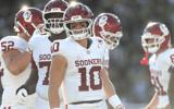 Oct 24, 2026; Starkville, Mississippi, USA; Oklahoma Sooners quarterback John Mateer (10) reacts after a touchdown during the third quarter against the Mississippi State Bulldogs at Davis Wade Stadium at Scott Field. Mandatory Credit: Petre Thomas-Imagn Images