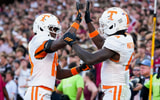 Tennessee wide receiver Tyreek King (19) and Tennessee wide receiver Mike Matthews (4) celebrate a touchdown by Matthews that was later called back during a college football game between Tennessee and South Carolina at Williams-Brice Stadium in Columbia, S.C., on Oct. 24, 2026.