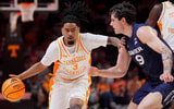 Tennessee guard Terrence Hill Jr. (3) advances the ball while guarded by Xavier guard Ruben Dominguez (9) during a college basketball exhibition game on Oct. 15, 2026, in Knoxville, Tennessee.