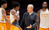 Tennessee basketball coach Rick Barnes talks to his players during an open scrimmage held at Thompson-Boling Arena at Food City Center on Oct. 3, 2026.