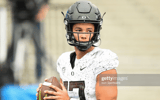 PASADENA, CA - OCTOBER 23: Oregon Ducks quarterback Ty Thompson (17) warms up before a college football game between the Oregon Ducks and the UCLA Bruins played on October 23, 2021 at the Rose Bowl in Pasadena, CA. (Photo by Brian Rothmuller/Icon Sportswi