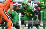EUGENE, OR - NOVEMBER 27: Oregon Ducks OL T.J. Bass (56) lines up during a PAC-12 conference football game between the Oregon State Beavers and Oregon Ducks on November 27, 2021 at Autzen Stadium in Eugene, Oregon. (Photo by Brian Murphy/Icon Sportswire v