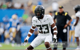 PASADENA, CA - OCTOBER 23: Oregon Ducks safety Jeffrey Bassa (33) before a college football game between the Oregon Ducks and the UCLA Bruins on October 23, 2021, at the Rose Bowl in Pasadena, CA. (Photo by Jordon Kelly/Icon Sportswire via Getty Images)