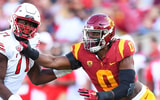 USC Trojans defensive lineman Korey Foreman (0) rushes the passer during a college football game between the Utah Utes and the USC Trojans on October 9, 2021, at Los Angeles Memorial Coliseum in Los Angeles, CA. (Photo by Brian Rothmuller/Icon Sportswire 