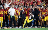 USC strong safety Calen Bullock returns an interception against Arizona State in the fourth quarter at the Los Angeles Memorial Coliseum on Saturday night, Oct. 1, 2022. (Luis Sinco / Los Angeles Times via Getty Images)