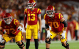 USC Trojans offensive lineman Bobby Haskins (70) and USC Trojans offensive lineman Andrew Vorhees (72) look to protect the Quarterback during a college football game between the Fresno State Bulldogs and the USC Trojans on September 17, 2022, at the Los A