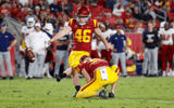 USC Trojans place kicker Denis Lynch (46) kicked the extra points during a college football game between the Fresno State Bulldogs and the USC Trojans on September 17, 2022, at the Los Angeles Memorial Coliseum in Los Angeles, CA. (Photo by Jordon Kelly/I