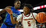 Trojans Boogie Ellis, #5, drives past Eagles Isaiah Thompson, #11, during first half action at Galen Center Monday, November 7, 2022. The USC Trojans hosted the Florida Golf Coast Eagles in the season opener. (Photo by David Crane/MediaNews Group/Los Ange