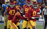 USC Trojans defensive end Korey Foreman (0) reacts after intercepting a pass late in the fourth quarter of a college football game against the UCLA Bruins played on November 19, 2022 at the Rose Bowl in Pasadena, CA. (Photo by John Cordes/Icon Sportswire 