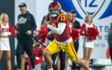 Caleb Williams #13 of USC runs downfield during a game between the USC Trojans and the Utah Utes at Allegiant Stadium on December 2, 2022 in Las Vegas, Nevada. (Photo by Jason Allen/ISI Photos/Getty Images)