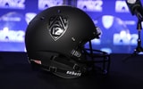 The Pac-12 logo on a helmet at Media Day 2022