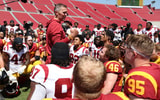USC Trojans head coach Lincoln Riley talks to players at the conclusion of the Spring Game at Los Angeles Memorial Coliseum