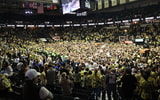 Wide angle view of Wake Forest court-storming vs. Duke