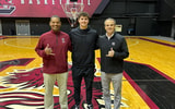 2025 South Carolina QB target Ryan Montgomery is pictured with Lamont Paris and Shane Beamer during a visit to Columbia (Photo Credit: Ryan Montgomery | X)