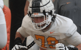 Tennessee offensive lineman Sham Umarov gets work in on a Monday morning at spring practice. Credit: Volquest