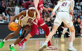 South Carolina Gamecocks guard Raven Johnson (25) dribbles the ball against Indiana Hoosiers guard Yarden Garzon (12) during the first half in the semifinals of the Albany Regional of the 2024 NCAA Tournament at the MVP Arena. Mandatory Credit: Gregory Fisher-USA TODAY Sports