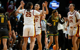USC Trojans guard JuJu Watkins (12) celebrates with guard McKenzie Forbes (25) and forward Kaitlyn Davis (24) after a game against the Baylor Lady Bears in the semifinals of the Portland Regional of the 2024 NCAA Tournament at the Moda Center
