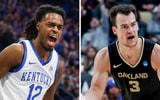 Kentucky's Antonio Reeves and Oakland's Jack Gohlke celebrate big plays - Scott Utterback | Courier Journal and Charles LeClaire, USA TODAY Sports