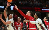 South Carolina Gamecocks center Kamilla Cardoso (10) shoots the ball past NC State Wolfpack center River Baldwin (1) in the semifinals of the Final Four of the womens 2024 NCAA Tournament at Rocket Mortgage FieldHouse. Mandatory Credit: Ken Blaze-USA TODAY Sports