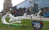 The Cleveland letters and NCAA Women's Final Four logo at Rocket Mortgage FieldHouse. Mandatory Credit: Kirby Lee-USA TODAY Sports