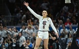 South Carolina Gamecocks guard Tessa Johnson (5) reacts after making a three point basket against the Iowa Hawkeyes in the finals of the Final Four of the womens 2024 NCAA Tournament at Rocket Mortgage FieldHouse. Mandatory Credit: Ken Blaze-USA TODAY Sports