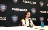 Caitlin Clark speaks with the media after the national championship game. (Photo by Kyle Huesmann)