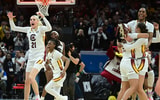 South Carolina Gamecocks forward Chloe Kitts (21) reacts after defeating the Iowa Hawkeyes in the finals of the Final Four of the womens 2024 NCAA Tournament at Rocket Mortgage FieldHouse. Mandatory Credit: Ken Blaze-USA TODAY Sports