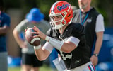 Florida quarterback Graham Mertz (15) looks to pass during Florida spring football practice at Sanders Practice Fields in Gainesville, FL on Tuesday, March 26, 2024. [Alan Youngblood/Gainesville Sun]