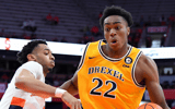 Nov 14, 2021; Syracuse, New York, USA; Drexel Dragons forward Amari Williams (22) drives to the basket against the defense of Syracuse Orange center Frank Anselem (left) during the first half at the Carrier Dome. (Rich Barnes-USA TODAY Sports)