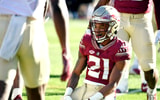Apr 9, 2022; Tallahasse, FL, USA; Florida State Seminoles defensive back Greedy Vance (21) celebrates after a defensive stop during the FSU spring game at Doak Campbell Stadium. (Melina Myers-USA TODAY Sports)