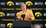Jan Jensen speaks at her introductory press conference as new head coach of the Iowa Women's Basketball team. (Photo by Dennis Scheidt)