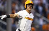 Tennessee outfielder Hunter Ensley celebrates after launching a three-run home run. Credit: UT Athletics