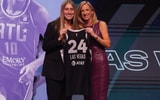 Kate Martin poses with WNBA commissioner Cathy Engelbert  the 2024 WNBA Draft. (Brad Penner-USA Today Sports)