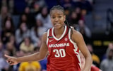 Arkansas Razorbacks forward Maryam Dauda (30) celebrates a three point basket during the second half against the LSU Lady Tigers at Pete Maravich Assembly Center. Mandatory Credit: Matthew Hinton-USA TODAY Sports