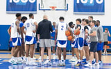 Mark Pope speaks to his players during a practice - Photo by Tyler Ruth | UK Athletics