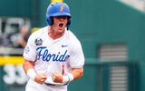 Jun 19, 2024; Omaha, NE, USA; Florida Gators third baseman Dale Thomas (1) celebrates after a grand slam by designated hitter Brody Donay (29) against the Kentucky Wildcats during the first inning at Charles Schwab Field Omaha. Mandatory Credit: Dylan Widger-USA TODAY Sports