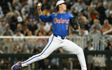 Jun 15, 2024; Omaha, NE, USA; Florida Gators starting pitcher Liam Peterson (12) throws against the Texas A&M Aggies during the first inning at Charles Schwab Field Omaha. Mandatory Credit: Steven Branscombe-USA TODAY Sports
