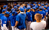 Jun 19, 2024; Omaha, NE, USA; The Florida Gators meet in the dugout after being defeated by the Texas A&M Aggies at Charles Schwab Field Omaha. Mandatory Credit: Dylan Widger-USA TODAY Sports