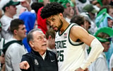 Michigan State's head coach Tom Izzo, left, talks with Malik Hall during the second half in the game against Michigan on Tuesday, Jan. 30, 2024, at the Breslin Center in East Lansing - Nick King, USA Today Sports