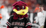 Nov 25, 2023; Columbia, South Carolina, USA; South Carolina Gamecocks mascot Cocky performs on the side lines in the second half against the Clemson Tigers at Williams-Brice Stadium. (David Yeazell-USA TODAY Sports)