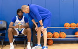 Mark Pope, Ansley Almonor talk at Kentucky men's basketball practice