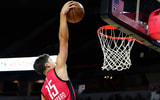 Houston Rockets guard Reed Sheppard (15) dunks against the Washington Wizards during the third quarter at Thomas & Mack Center - Stephen R. Sylvanie-USA TODAY Sports
