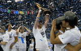 The Minnesota State Mavericks celebrate their victory over the Nova Southeastern Sharks during the 2024 NCAA DII Men’s Basketball Championship at Ford Center in Evansville, Ind., Saturday, March 30, 2024. Minnesota State beat Nova Southeastern 88-85 - © MaCabe Brown / Courier & Press / USA TODAY NETWORK